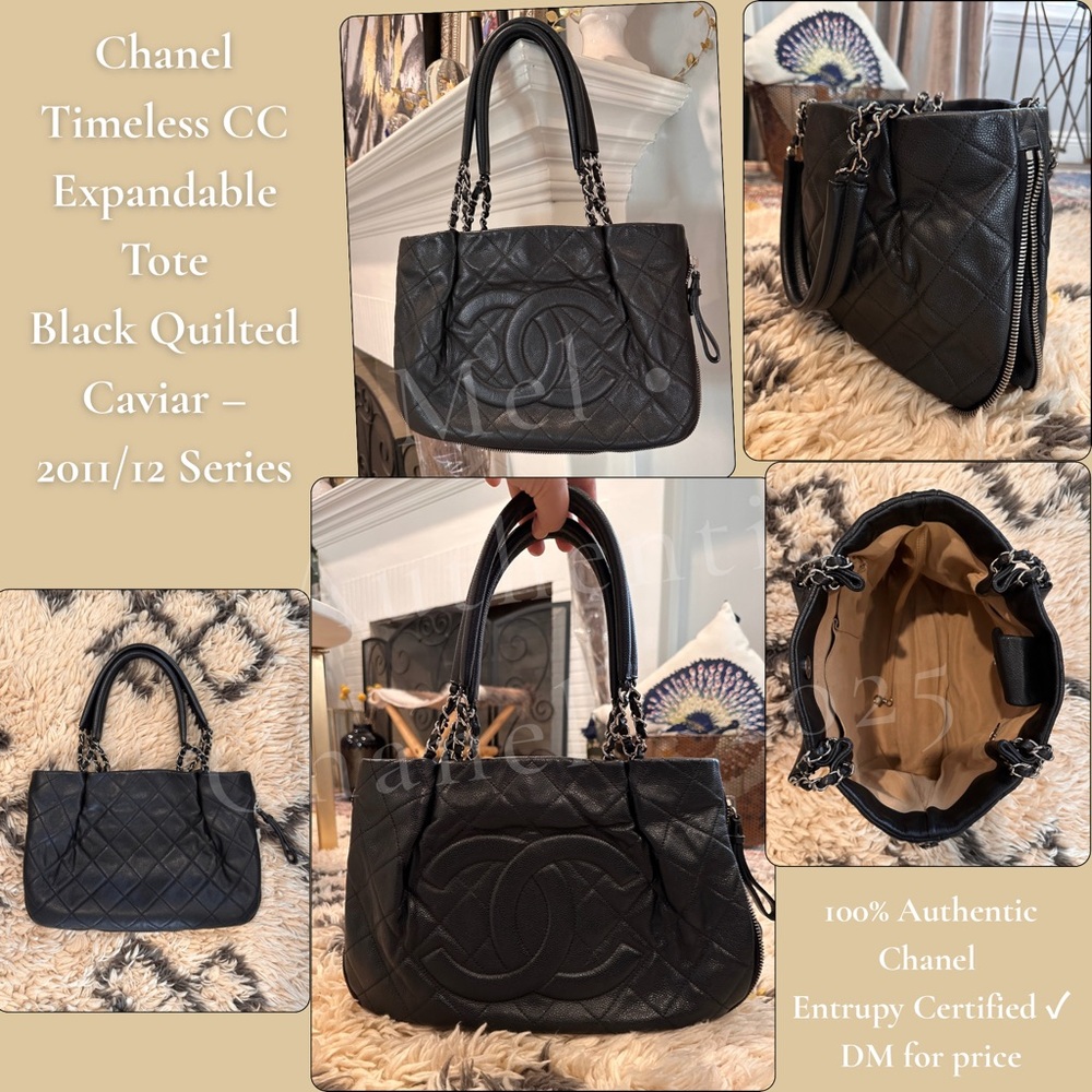 📌 Authentic Chanel CC Expandable Tote Black Quilted Caviar